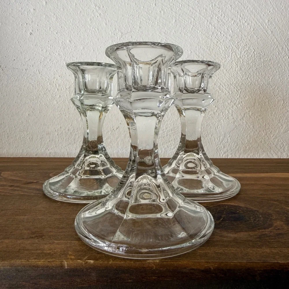 Set of 3 Clear Glass Taper Candle Holders Hexagonal Base 4 inch